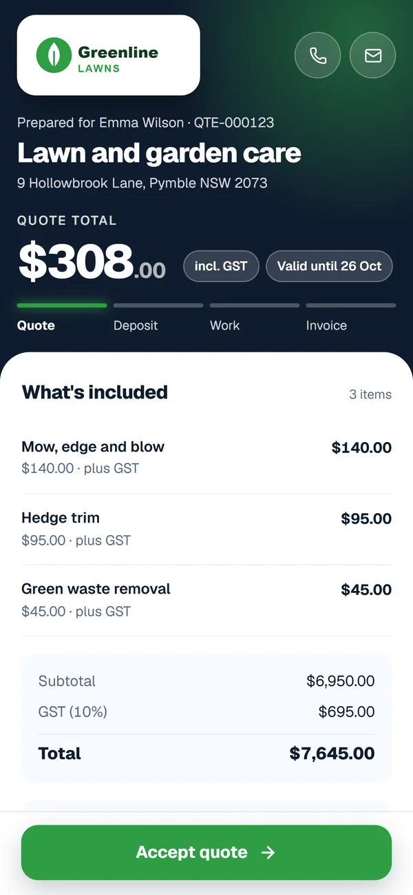 A lawn care business's client link in its green, Midnight look